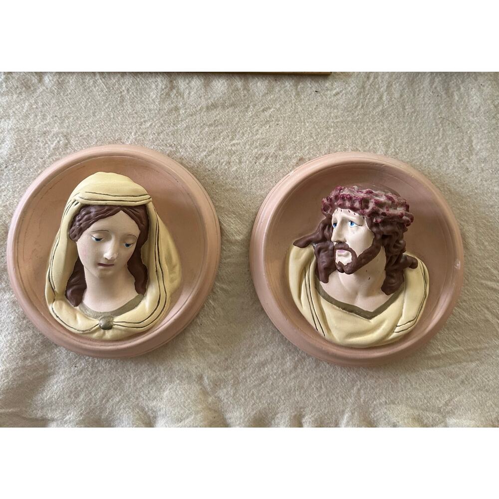 Vintage Chalkware Jesus & Mary Madonna Wall Plaques Hand Painted Catholic hang